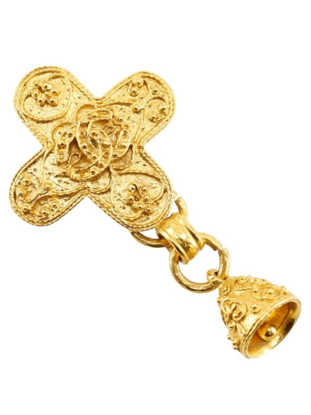 Chanel CC Logo Bell Cross Vintage Gold Plated 94A Brooch